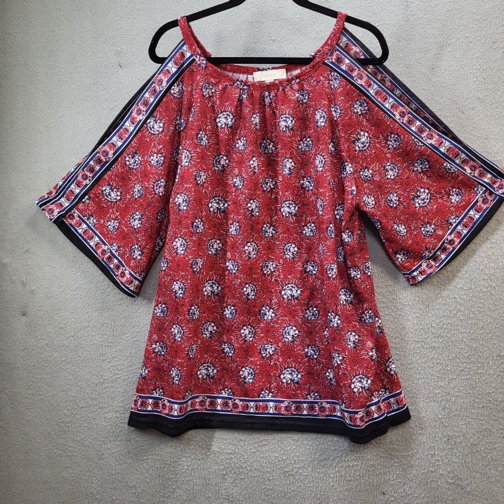 Suzanne Betro Weekend Womens Top Tunic Plus Red 1X Cold Shoulder Floral Spring